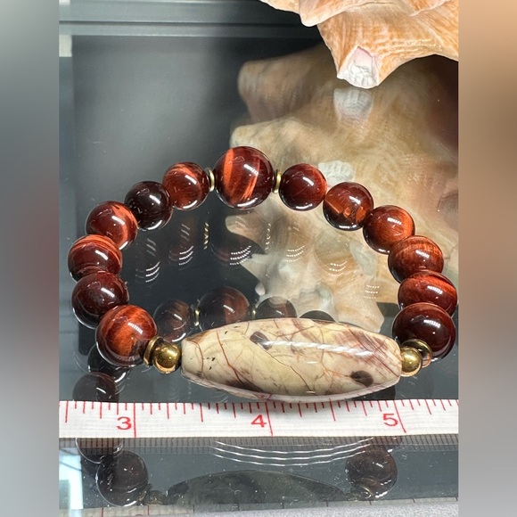RED TIGERS EYE + MUSHROOM JASPER NATURAL STONES BRACELET size 7” - Picture 4 of 9